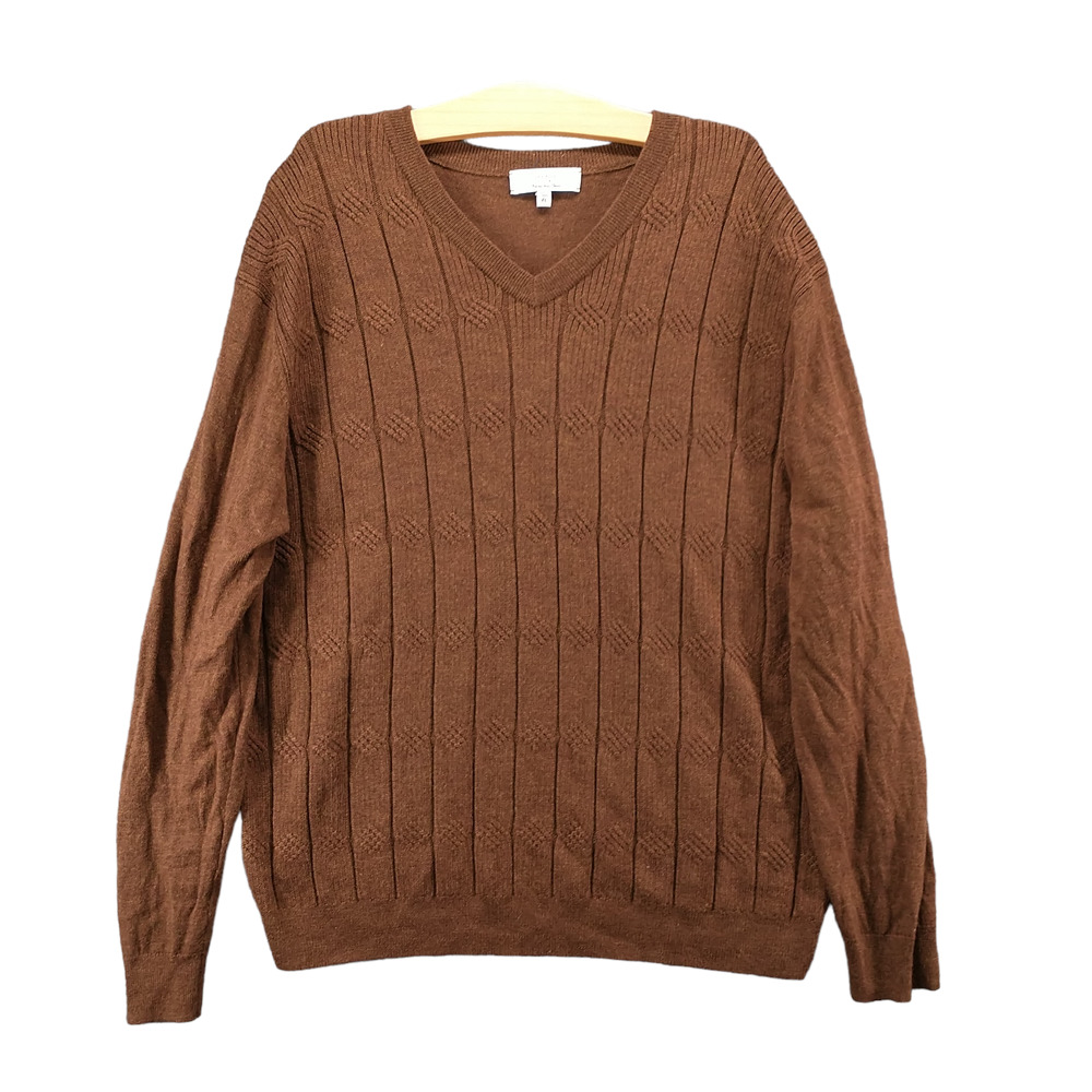 Turnbury Men's Pullover Ribbed Knit Sweater Brown XL V-Neck Merino Wool Blend